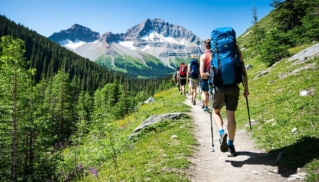 Scenic mountain trail with backpackers