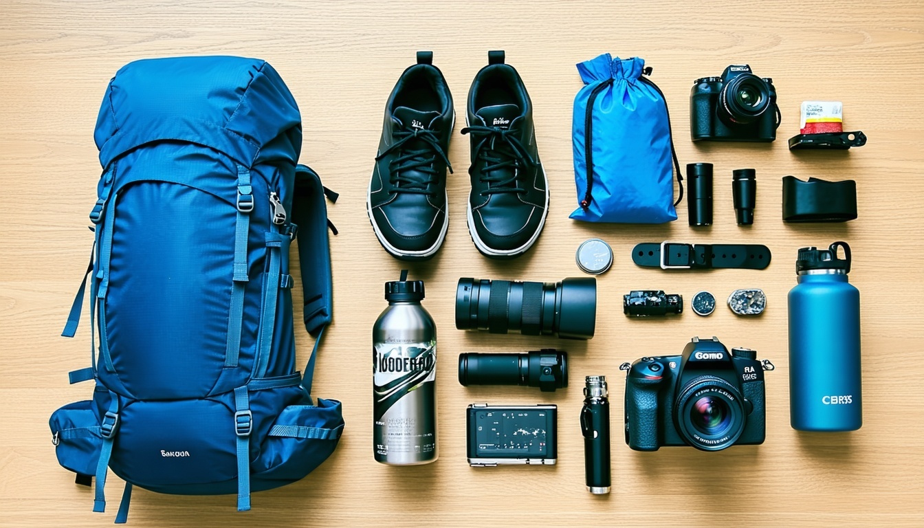Essential trekking gear laid out for a journey